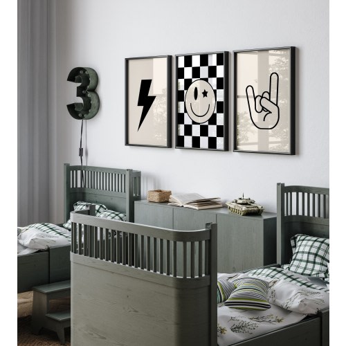 Rock And Roll Poster, Set of 3, Black Beige Nursery, Checkered nursery Poster, Baby Boys Kids Room Decor, Toddler Poster, Lightning Bolt Art