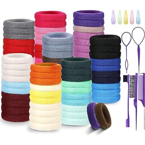 300 Pcs Baby Hair Ties, 30 Colors Cotton Toddler Hair Ties with 15 Hair Accessories for Girls Kids, Seamless Hair Ties Colorful Ponytail Holders Gifts
