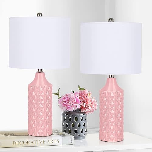 Modern Pink Ceramic Table Lamps Set of 2, 25" Nightstand Lamps with 3-Way Dimmable Bulbs for Bedroom & Living Room