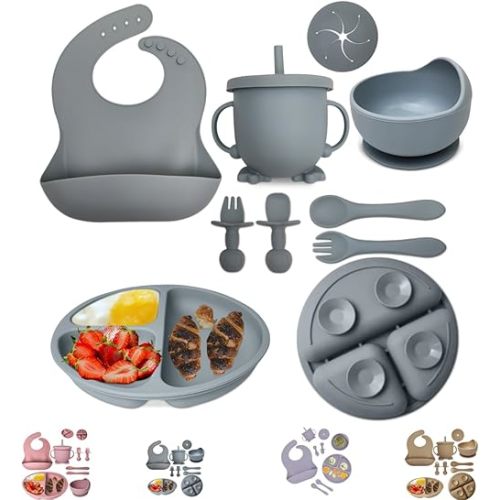 Baby Feeding Set 10-Piece | Baby Led Weaning Utensils Set Includes Suction Bowl and Plate, Baby Spoon and Fork, Sippy Cup with Straw and Lid | Baby Feeding Supplies Set (B-Blue)