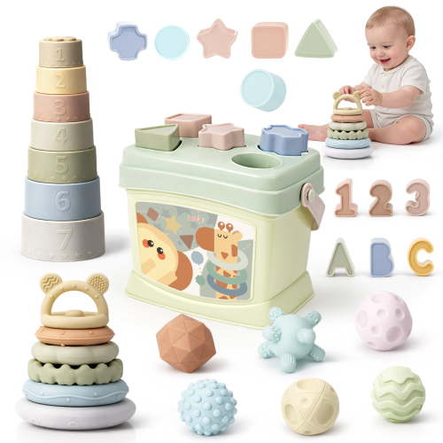 Vanplay Montessori Baby Toy Set - Shape Sorter, Stacking Rings, Cups, Sensory Balls | Neutral Color