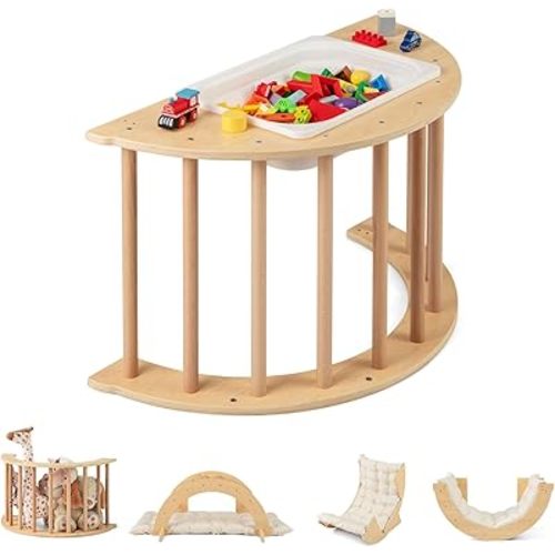 INFANS Wooden Arch Climber Rocker with Soft Cushion, 6 in 1 Montessori Climbing Toys for Toddlers, Waldorf Indoor Table Baby Children Ladder Gym Learning Playset Gift for Kids Boys Girls (Natural)