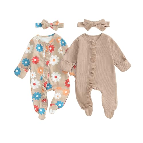 Baby Girl Footies Newborn Zipper Sleeper 2 Pack Ruffle Pajamas Romper Coming Home Outfit