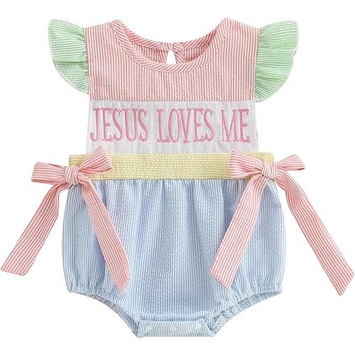 My First Easter Baby Girl Outfit Striped Bow Sleeveless Bubble Onesie Romper Summer Newborn Infant Clothes