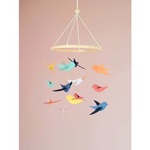 Baby mobile 15 Birds Multicolors on wooden circle 20x45 cm Birth gift