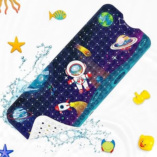 Baby Bath Mat for Tub for Kids, Space Astronaut Sun Moon 40 X 16 Inch Extra Long Toddler Bathtub Non Slip Earth World Shower Mat for Tub Anti Slip with Suction Cups and Drain Holes