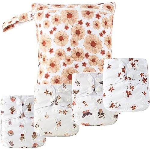 9 Sets Newborn Baby Cloth Pocket Diapers One Size Adjustable Reusable for Baby Boys and Girls(6-33 pounds,0-3 Years),One Wet Bag+4Diapers and 4Inserts