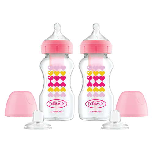 Dr. Browns Anti-Colic Options+ Wide-Neck Sippy Bottle Starter Kit, 9oz/270ml, Pink, BPA Free, 6m+, 2 Pack