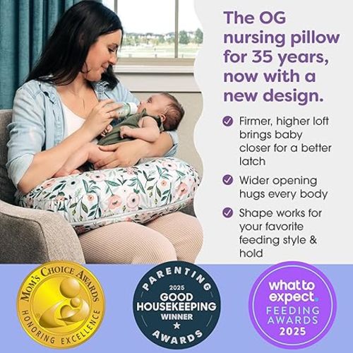Boppy Nursing Pillow - Ergonomic Bottle & Breastfeeding Pillow with High, Firm, Large Area, Water-Repellent Cushion with Washable Cover; Baby Safety Alliance Verified - Pink Garden Flowers