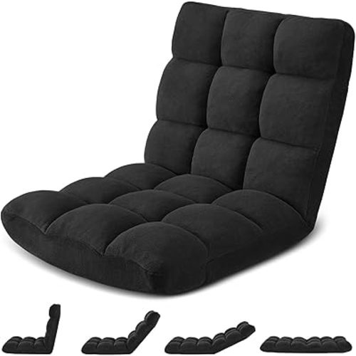 Folding Floor Gaming Chair, 14-Position Adjustable Backrest, Skin-Friendly Flannel & Aluminum Alloy Frame, Ideal for Reading, Gaming, Sleeping, Black