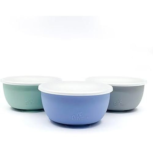 Elk and Friends Stainless Steel Bowls with Silicone Sleeve for Babies & Toddlers | Lids Included | Stay Put Suction | Cereal & Snack Bowls | 3 Pack…