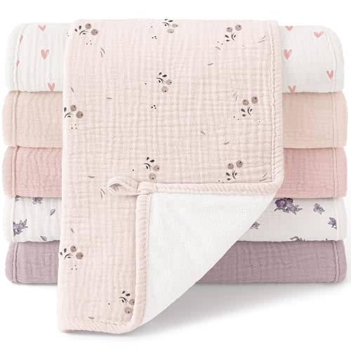 Bearmoss Muslin Burp Cloths, 100% Cotton Baby Burping Clothes, Large Extra Soft Absorbent for Unisex Newborn Boy and Girl, 20x10in, 6 Pack, Pink Print