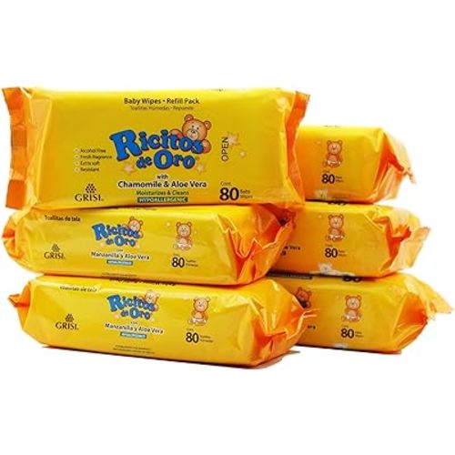 Ricitos de Oro Baby Wipes, Chamomile and Aloe Vera Refillable Baby Wipes, Moisturize and Clean Baby, Lightly Scented, Hypoallergenic, Alcohol-Fee, 6-Pack of 80 wipes each one (480 wipes)