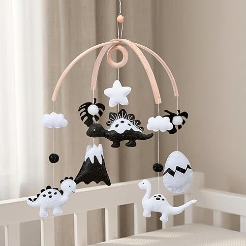 Dinosaur Crib Mobile – High-Contrast Black & White Nursery Decor for Newborn Baby Room, Handmade for Boy & Girl, Natural Wood & Fabric, Plastic-Free, Ready-to-Gift