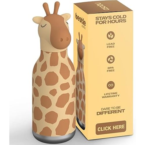 asobu Bestie Bottle Insulated Stainless Steel Water Bottle with Detachable Soft Animal Head Fun Drinking For Kids and Teens16 Ounce with Flexible Reusable Straw (GIRAFFE)