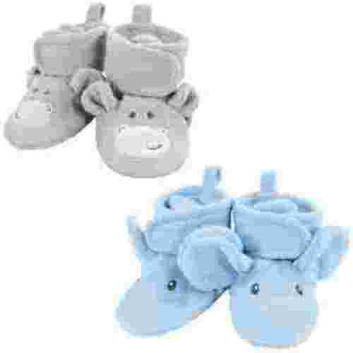 Hudson Baby Infant Boy Animal Fleece Booties 2-Pack, Blue Elephant Hippo, 0-6 Months