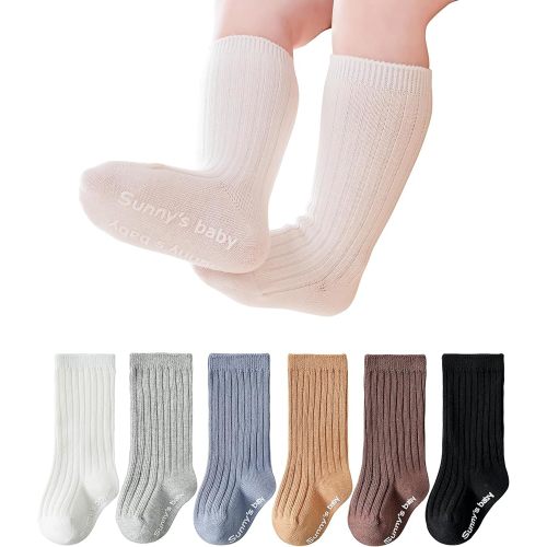 Baby Knee High Socks Non Slip Toddlers Boys Girls Cotton Long Socks Newborn Tube Socks Kids Seamless Stocking 6 Pack