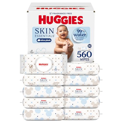 Huggies Skin Essentials Baby Wipes, Hypoallergenic, 99% Water, 10 Flip Top Packs (560 Wipes Total)
