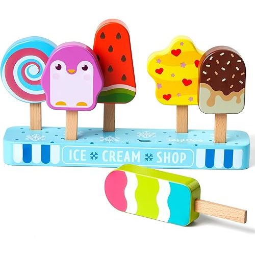 Wooden Ice Cream Toy for Kids, Toddlers Ice Lolly Pops Pretend Play Food Toys Ice Cream Shop Playset Gifts for Kids Age 3 4 5 6 Years Old
