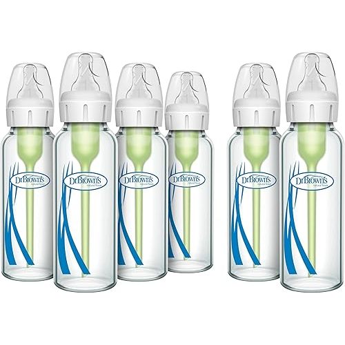Dr. Brown's Anti-Colic Options+ Narrow Glass Baby Bottle, 8 oz/250 mL, with Level 1 Slow Flow Nipple, 2-Pack and 4-Pack, 0m+