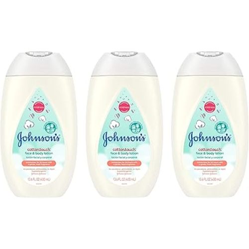 Johnson's CottonTouch Newborn Baby Face and Body Lotion, Hypoallergenic Moisturization for Baby's Skin, Made with Real Cotton, Paraben-Free, Dye-Free, 13.6 fl. oz, Pack of 3