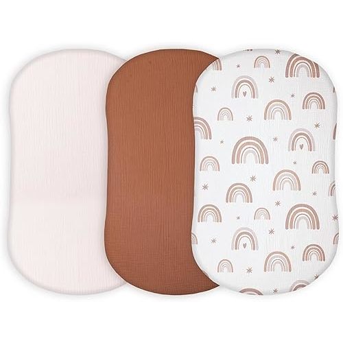 Muslin Bassinet Sheets Compatible with Halo Bassinest Swivel, Flex, Glide, Premiere and Luxe Series Sleeper, Pack 3, 33 X 17 Inch, Ultra Soft and Snug Fit, Unisex Boys Girls, Brown Rainbow