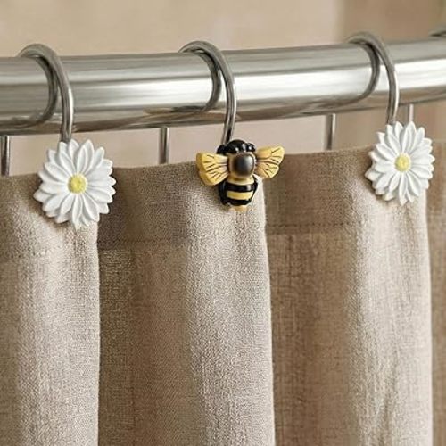 Daisy & Bee Shower Curtain Hooks: 12 Pcs Cute Decorative Resin Flower Hooks with Rustproof Stainless Steel Rings - Spring Summer Garden Farmhouse Cottage Nature Inspired Bathroom Living Room Bedroom