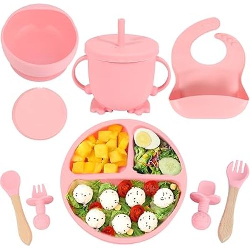 Silicone Baby Feeding Set, Baby Led Weaning Supplies with Suction Bowl Divided Plate, Self Feeding Spoons Forks Sippy Cup Adjustable Bib, Eating Utensils for 6+ Months (Pink)