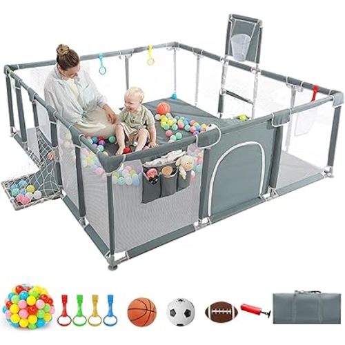 Baby Playpen, 79"x71" Playpen for Babies and Toddlers Indoor & Outdoor Playpen with Breathable Play Pen with Ocean Balls Hanging Pocket Basketball Hoop and Football Goal