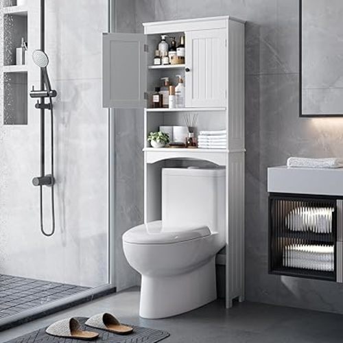 Bealife Over The Toilet Storage Cabinet with Open Shelf, Organizer with Adjustable Shelf and Double Doors,Over The Toilet Storage Shelf Free Standing- White