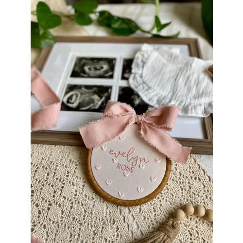 Personalized Baby Girl Pregnancy Announcement Hand Embroidered- Birth Announcement Sign, Pink Hearts