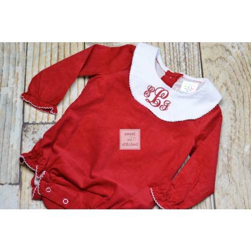 Baby girl monogrammed Christmas bishop bubble in red corduroy, 1st Christmas outfit, Ruffle Christmas bubble, girls Christmas outfit