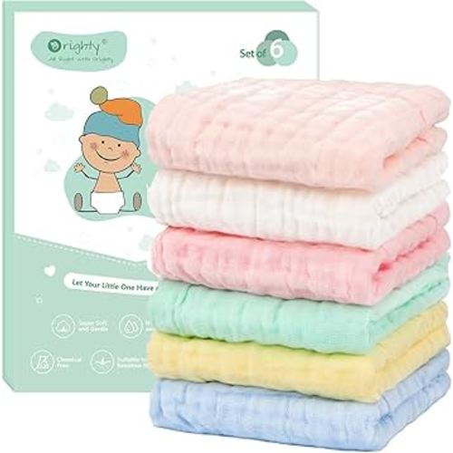 Orighty Muslin Baby Washcloths Pack of 6 - Soft Face Cloths for Newborn, Absorbent Baby Bath and Face Towels, 100% Cotton Baby Wipes, Burp Cloths, Feeding Towels for Babies and Infants - 10 x 10’’
