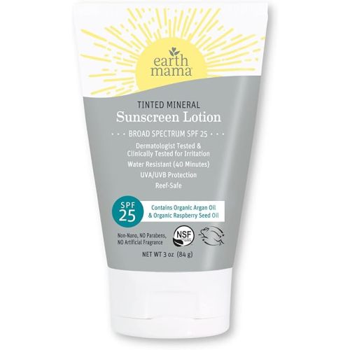 Earth Mama Tinted Mineral Sunscreen Lotion SPF 40, Contains Organic Argan and Red Raspberry Seed Oil, 3-Ounces