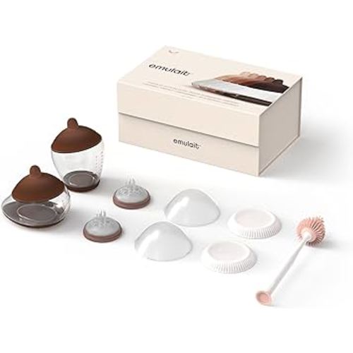 Emulait Baby Bottle Starter Kit Includes 2 Bottles 2 Nipples 2 Caps 2 Lids 2 Responsive Flow Valves, Cleaning Brush - Deep - Shape 2-RFV