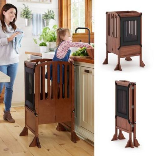 Guidecraft Contemporary Kitchen Helper Kids' Step Stool: Adjustable, Folding Learning Toddler Cooking Tower with Safety Mat and Keeper