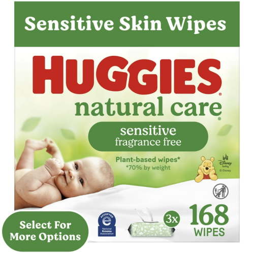 Huggies Natural Care Sensitive Baby Wipes, Unscented, 3 Pack, 168 Ct, Hypoallergenic, Dermatologist-Tested