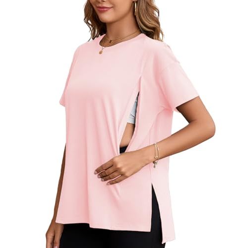 Ecavus Women's Oversized Nursing Shirts for Breastfeeding with Hidden Zipper Short Sleeves Side Splits Maternity Tops