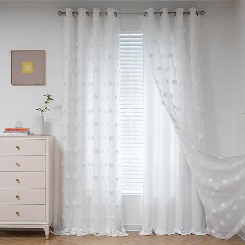MYSKY HOME Kids Curtains for Girls Bedroom Double Layer Curtain for Daughter Room 84 Inches Long Pom Pom Sheer Drapes White Curtains for Living Room Grommet Room Darkening Panels W52 X L84
