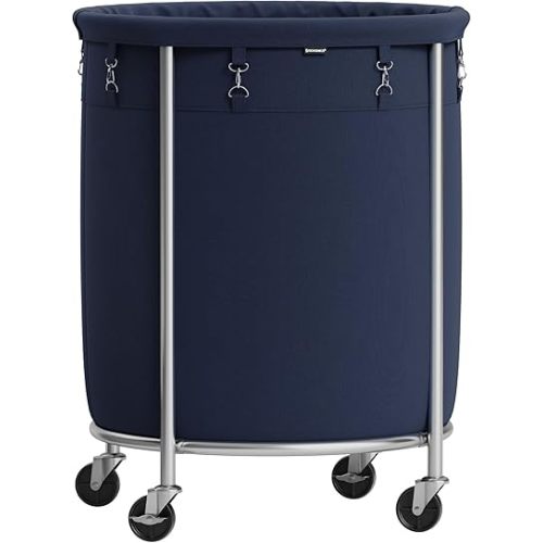 SONGMICS Laundry Basket with Wheels, Rolling Laundry Hamper, 45 Gal., Round Laundry Cart with Steel Frame and Removable Bag, 4 Casters and 2 Brakes, Charcoal Blue and Metallic Silver URLS001Q01