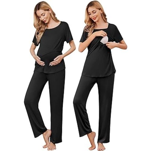 Ekouaer Women's Nursing Pajamas Maternity Pajama Postpartum PJS Breastfeeding Short Sleeve Top & Pants Sets with Pockets