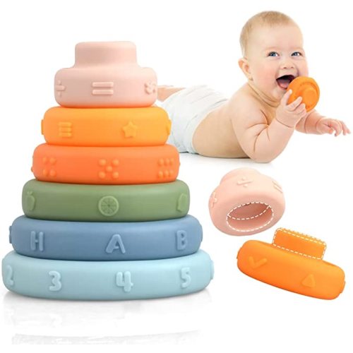 VIYIKO 6 PCS Stacking Toys for Babies 6-12 Months, Silicone Stacking Ring Stacker, Baby Montessori Sensory Toys with Number Shape Fruit, Infant Developmental Teething Stacking Blocks Learning Tower