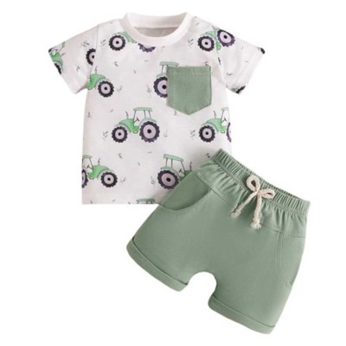 Sngxgn Baby Toddler Boy Clothes Summer Outfits 6 12 18 24 Months Patchwork Short Sleeve T Shirt & Shorts Sets with Pockets(Green,0-6 M)