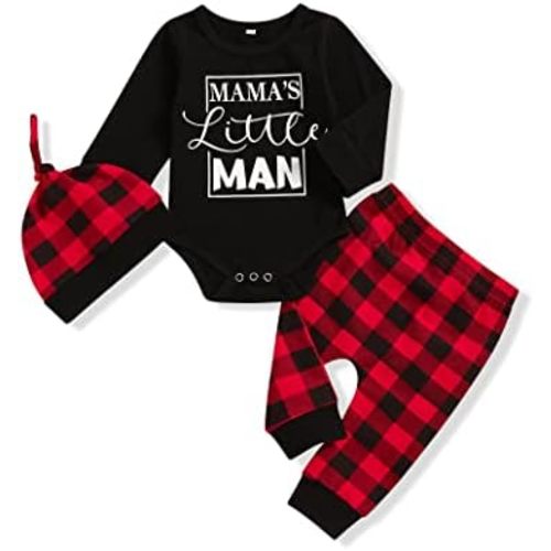 TUEMOS Newborn Infant Baby Boy Clothes Letter Print Romper Pants Set Hat 3PC Outfits Set