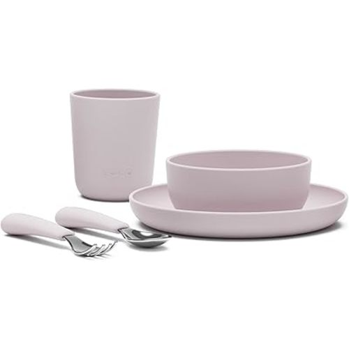 Lalo Big Bites Kids Dinnerware Starter Set - Dishwasher Safe, BPA Free, Kids Tableware Set - Includes Stackable Bowl, Plate, Utensils & Cup - 5 Pieces - Lavender