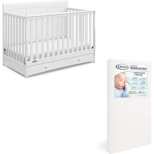 Graco Asheville 5-in-1 Convertible Crib with Drawer – GREENGUARD Gold Certified, Crib with Drawer Combo, Full-Size Nursery Storage Drawer, Converts to Toddler Bed, Daybed and Full-Size Bed (White)