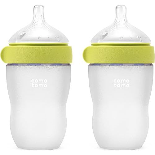 Comotomo Silicone Baby Bottle 2 (8oz) – Baby Bottle Refined – Soft, Wide-Neck Bottle for Comfortable Feeding (6-12 Months) with Dual Anti Colic Vents, Green (Double Pack)