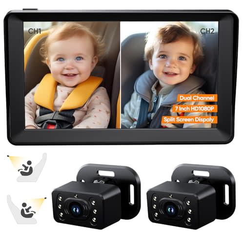 Baby Car Camera for 2Kids-7 Inch IPS Display with Dual Carseat Camera, Split Screen, Night Vision, HD 1080P,150° Wide View & 360° Rotatable- Easy Install Car Mirror Baby Rear Facing Backseat Camera
