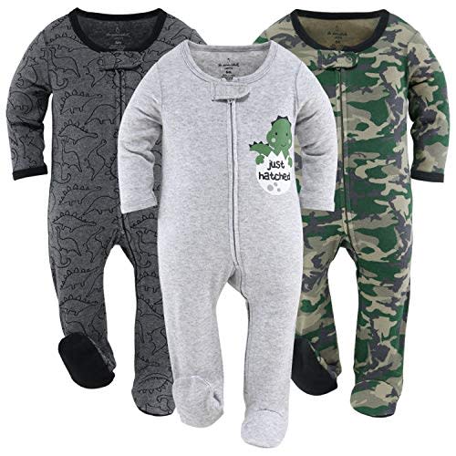 The Peanutshell Footed Baby Sleepers for Boys, Camo & Dinosaur, 3 Pack Set, Newborn to 12 Month Sizes