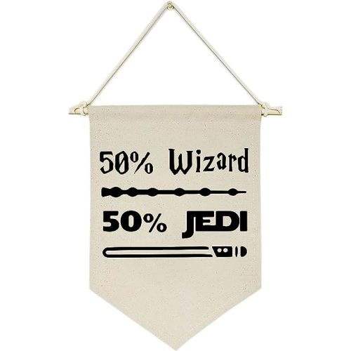 50% Wizard 50% Jedi-Canvas Hanging Flag Banner Wall Sign Decor Gift for Baby Kids Boy Nursery Teen Room Front Door -Star Harry Quotes Wars Potter Gift